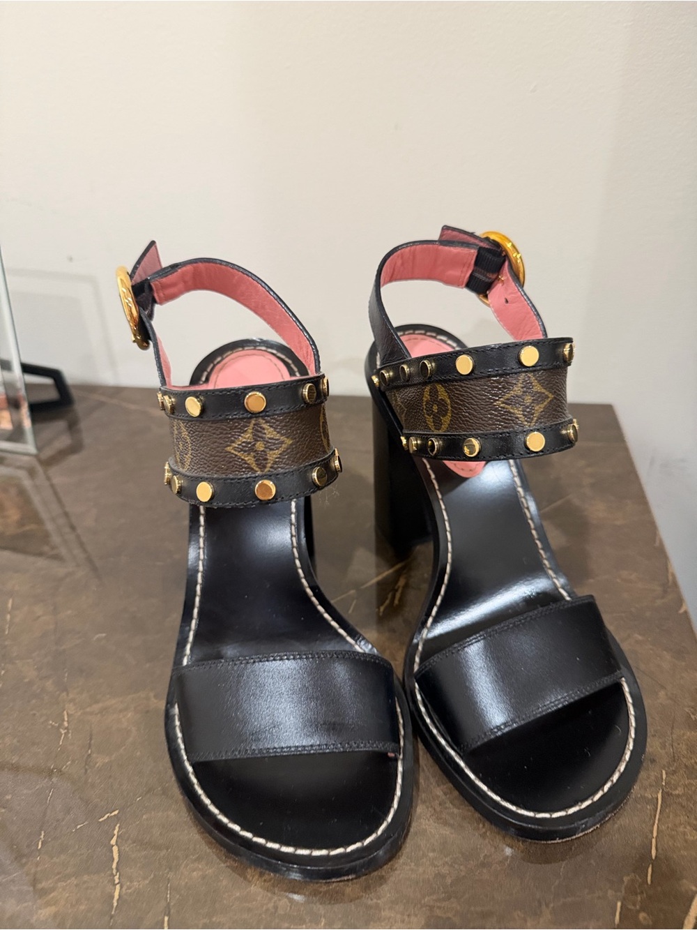 Louis Vuitton Black Leather Heeled Sandals with Monogram Studded Straps - Picture 4 of 5